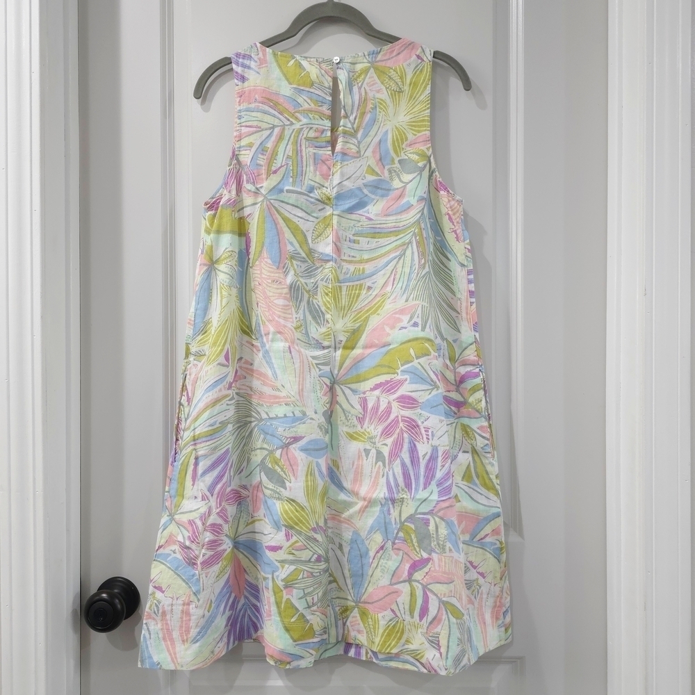 C&C 100% Linen Multicolor Tropical Pastel Sleeveless Trapeze Dress W/ Pockets - Picture 9 of 11